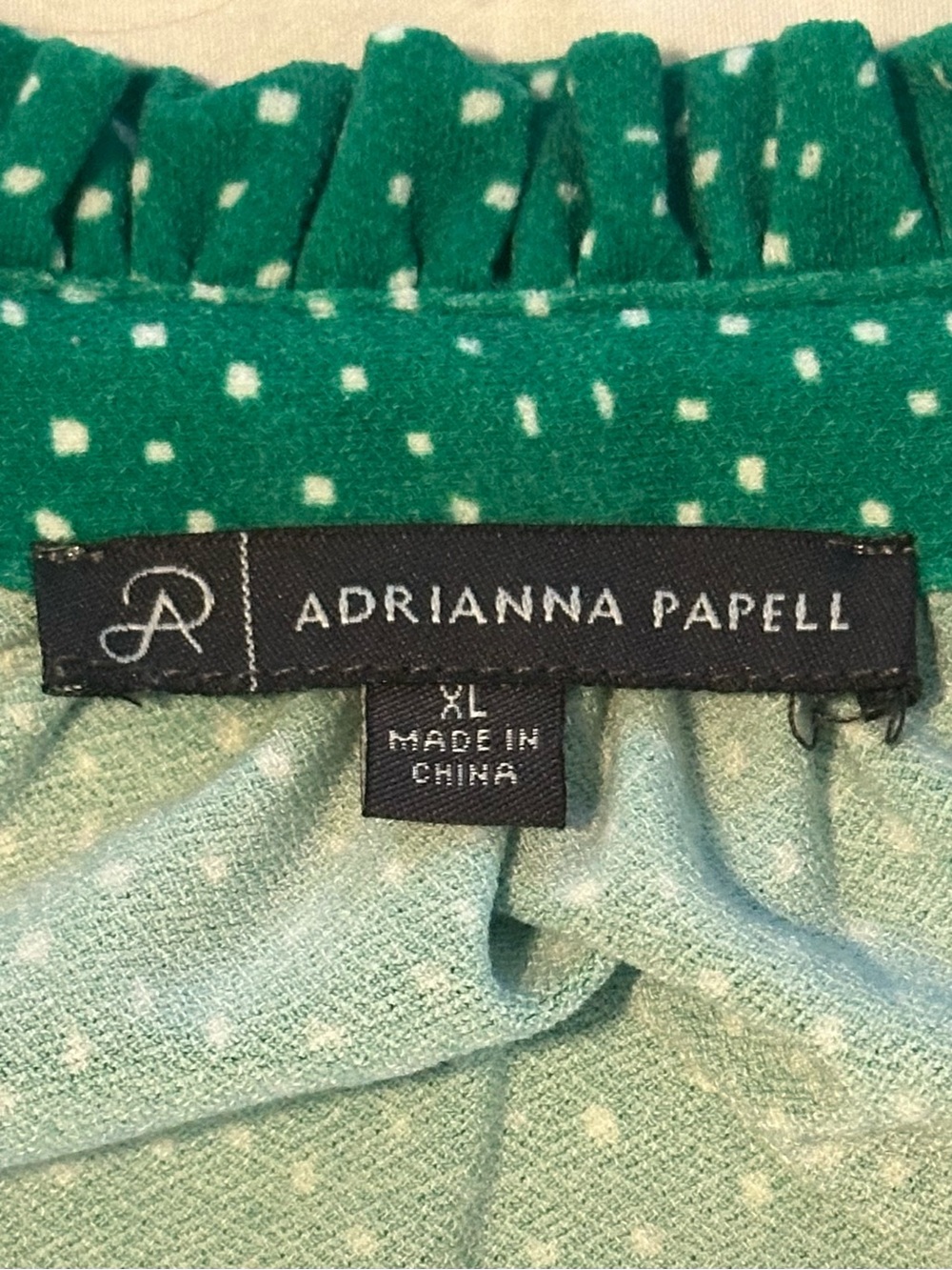 Adrianna Papell Green Polka Dot Ruffle-Neck Blouse - Like New-Hem Flaw Size XL - Picture 5 of 9